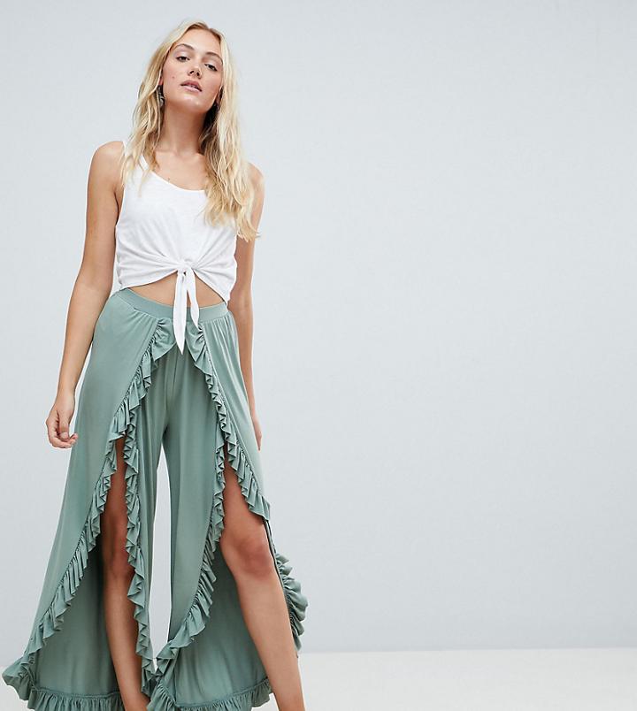 Asos Design Tall Wide Leg Pants With High Low Frill Hem - Green