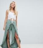 Asos Design Tall Wide Leg Pants With High Low Frill Hem - Green