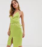 Asos Design Petite Cami Wrap Waist Midi Dress In Satin-green