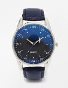 Reclaimed Vintage Leather Watch With Blue Dial - Blue