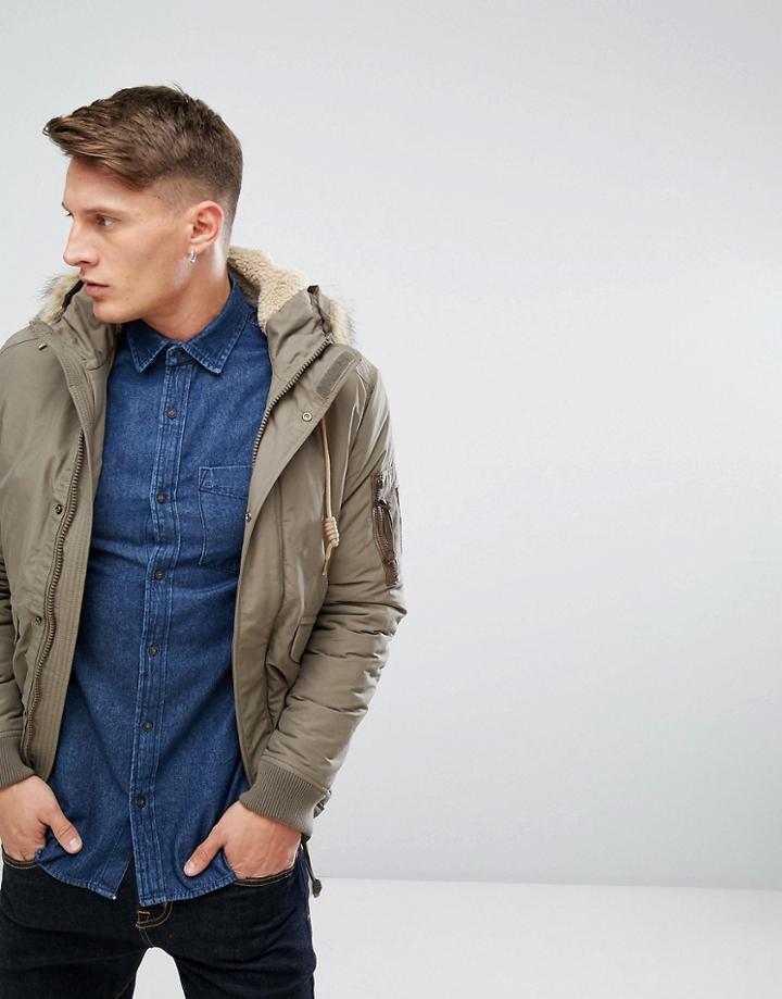 Jack & Jones Vintage Snow Jacket With Faux Fur Hood - Green