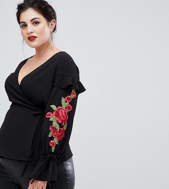 Lovedrobe Wrap Front Top In Dark Floral Print - Black