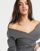 Ted Baker Kyyraa Off The Shoulder Long Sleeve Sparkle Knitted Top In Gray-black