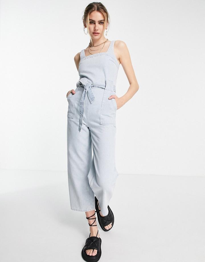 Topshop Square Neck Denim Jumpsuit In Bleach-blue