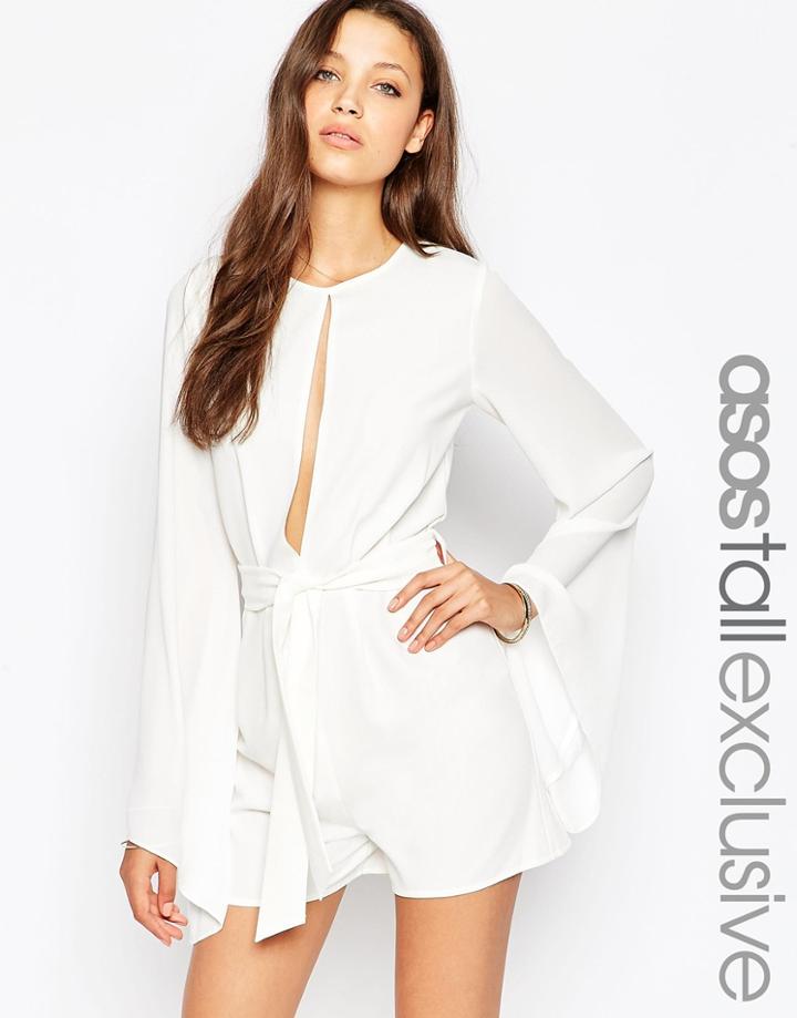 Asos Tall Sheer Sleeve Romper With Tie Waist - Black
