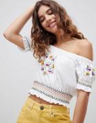 Asos Design Off Shoulder Top With Floral Embroidery - White