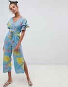 Qed London Wide Leg Palm Leaf Printed Jumpsuit - Blue