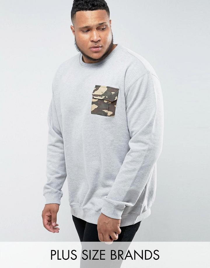 Jacamo Plus Sweat With Camo Pocket In Gray Marl - Gray