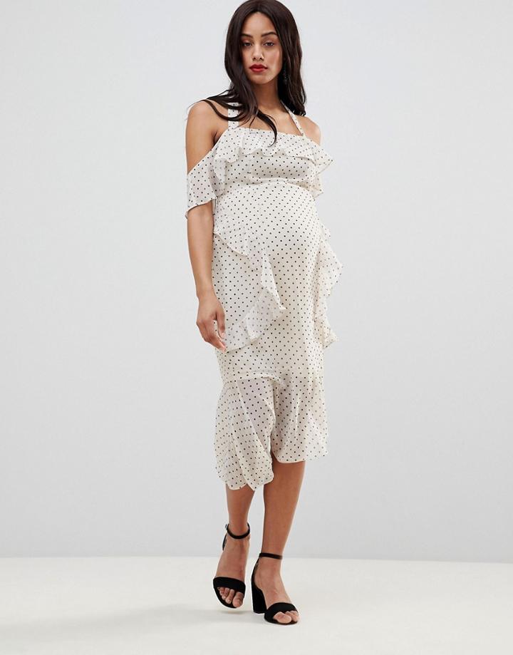 Asos Design Maternity Soft Pencil Midi Dress In Ruffle Polka Dot - White