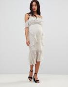 Asos Design Maternity Soft Pencil Midi Dress In Ruffle Polka Dot - White
