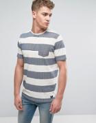 Brave Soul Wide Slub Herringbone Stripe T-shirt - Navy