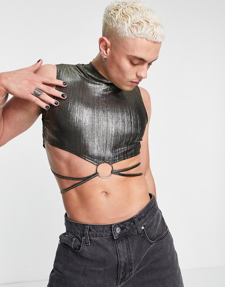 Asos Design Muscle Cropped Tank Top In Metallic Texture With Wraparound Ties-gold