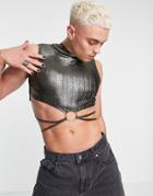 Asos Design Muscle Cropped Tank Top In Metallic Texture With Wraparound Ties-gold