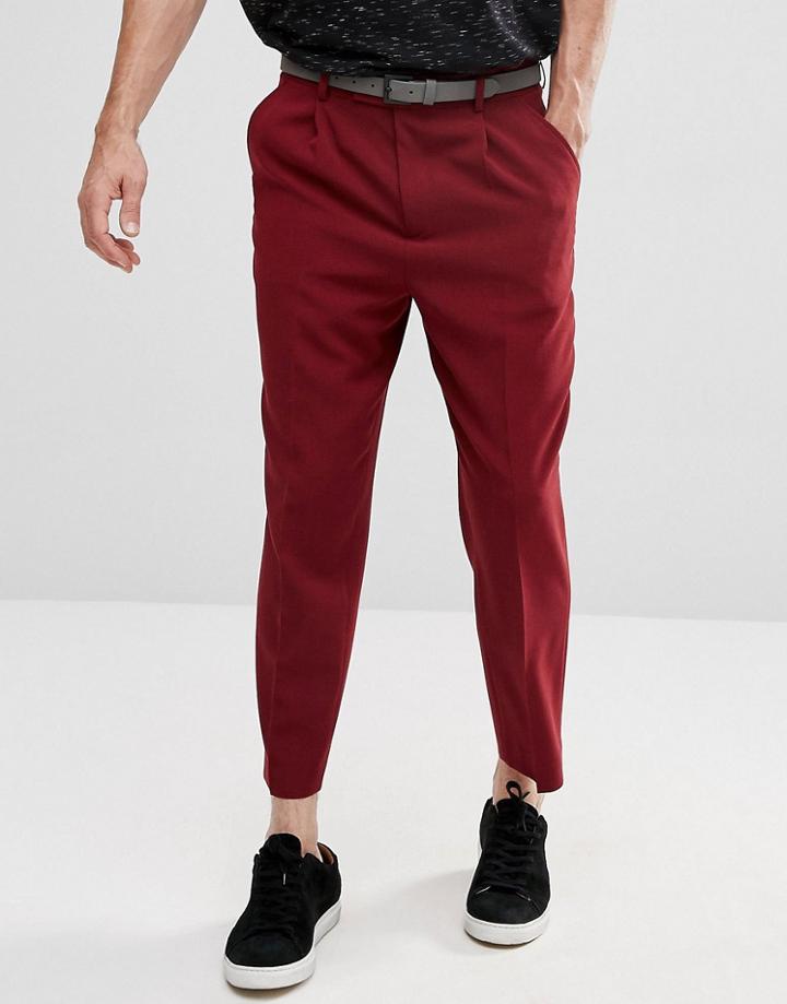 Asos Tapered Smart Pants With Pleats In Burgundy Cross Hatch Nep - Red