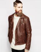 Asos Faux Leather Biker Jacket In Brown - Brown