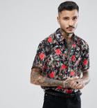Reclaimed Vintage Inspired Shirt With Short Sleeves In Black With Rose Print Reg Fit - Black