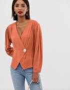 Asos Design Long Sleeve Asymmetric Wrap Top With Button Detail-orange