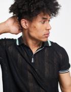 Asos Design Relaxed Polo T-shirt In Black Lace With Collar Tipping In Recycled Polyester