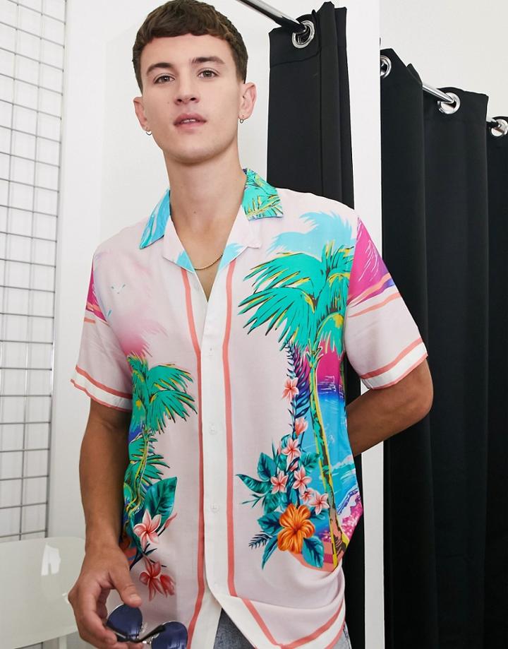 Topman Short Sleeve Shirt With Scene Print In Pink