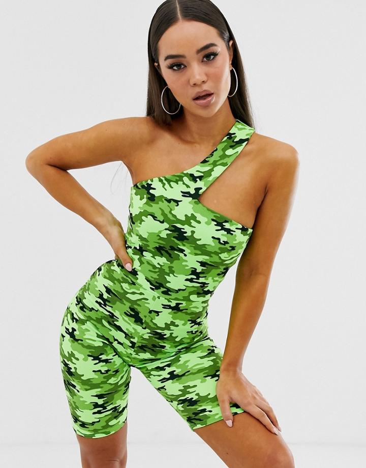 Asos Design One Shoulder Short Unitard In Green Camo Print - Multi