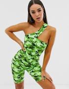 Asos Design One Shoulder Short Unitard In Green Camo Print - Multi