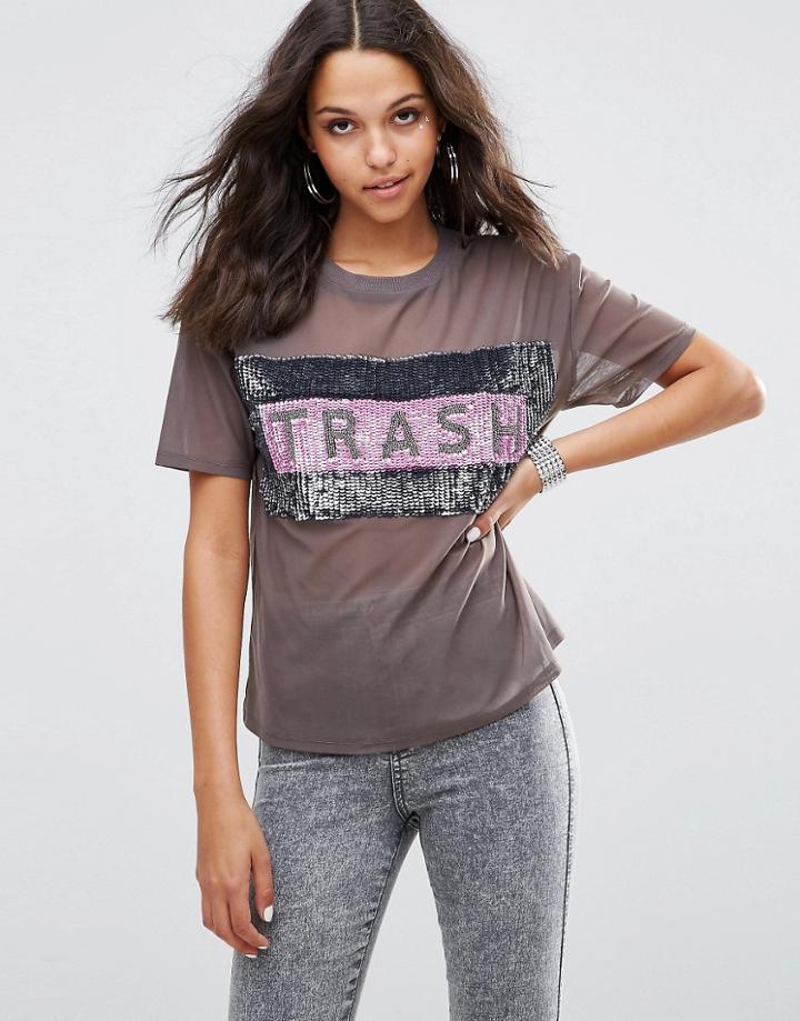 Asos T-shirt With Trash Print In All Over Sequin - Multi