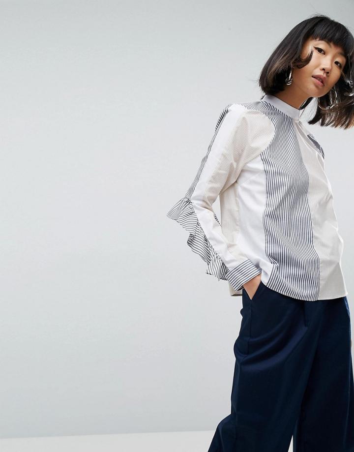 Asos White Long Sleeved Striped Shirt With Frill - Multi