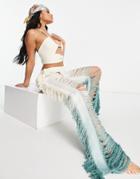 Thrifts + Threads Exaggerated Fray Detail Wide Leg Pants In Cream Blue Ombre-multi