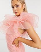 Club L London Organza Ruffle One Shoulder Mini Dress In Coral-pink