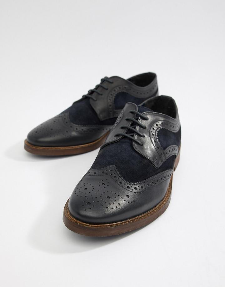 Moss London Brogues In Navy Suede - Navy