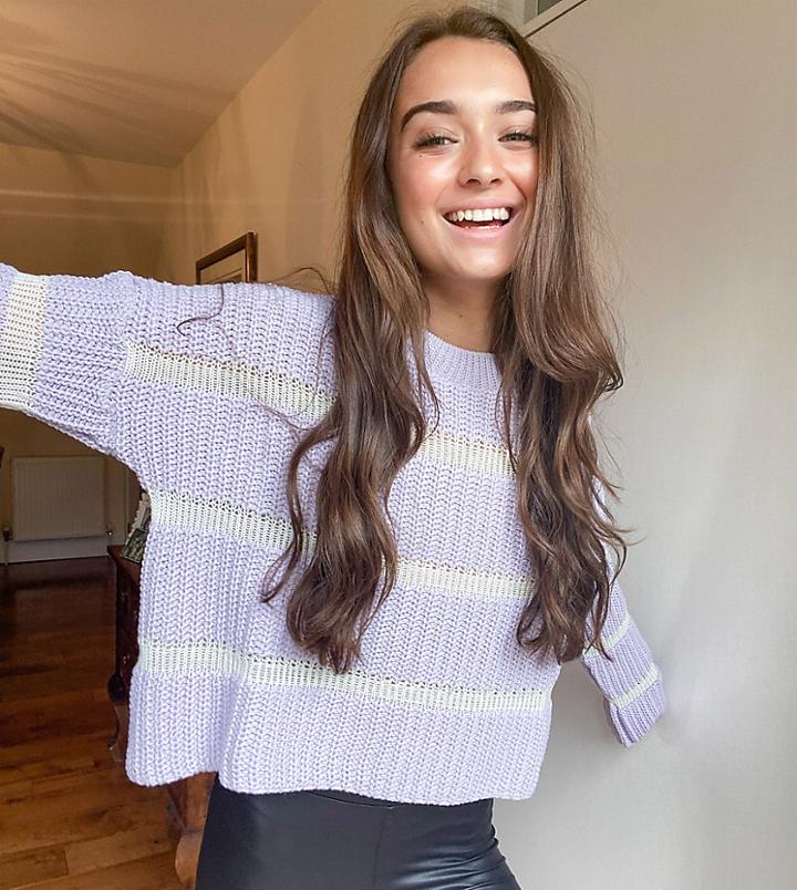 Asos Design Petite Scoop Neck Sweater In Stripe In Purple