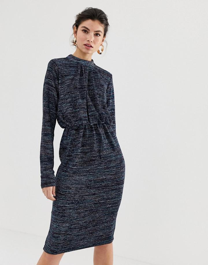 Y.a.s Glittery High Neck Midi Dress In Blue