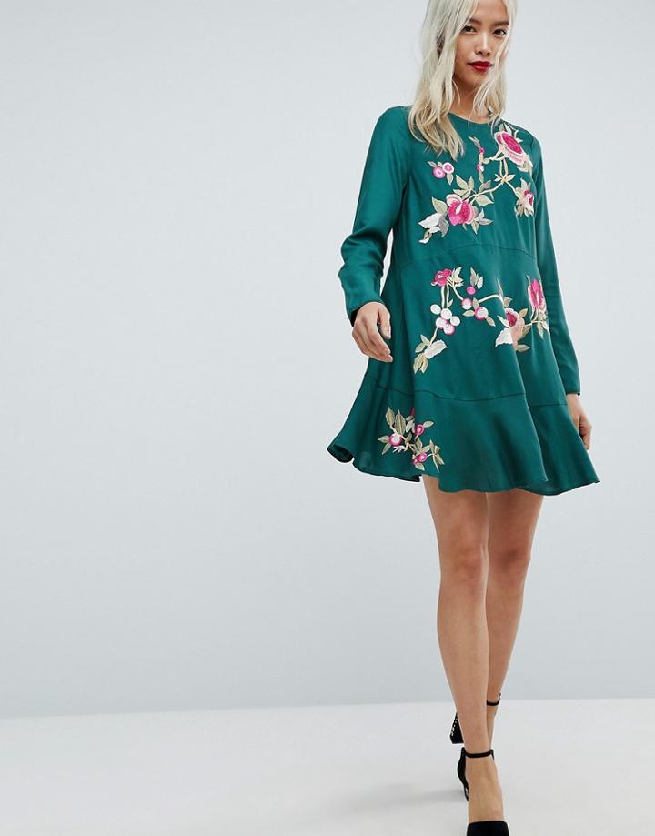 Asos Embroidered Mini Drop Waist Dress - Multi