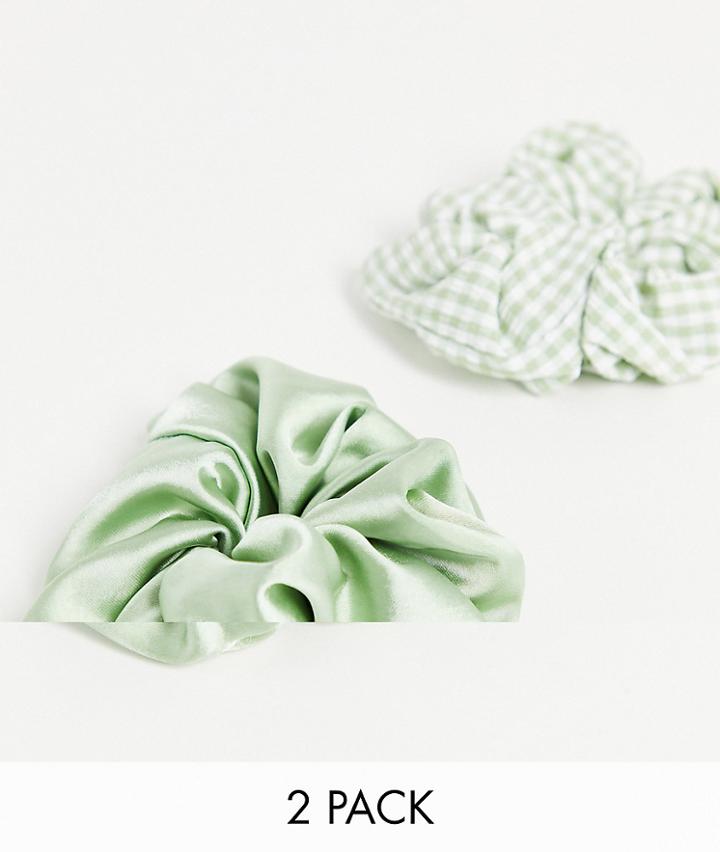 Monki Sukey 2 Pack Gingham And Satin Hair Scrunchie In Green