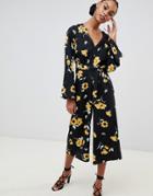 Boohoo Wide Leg Jumpsuit In Black Floral - Multi
