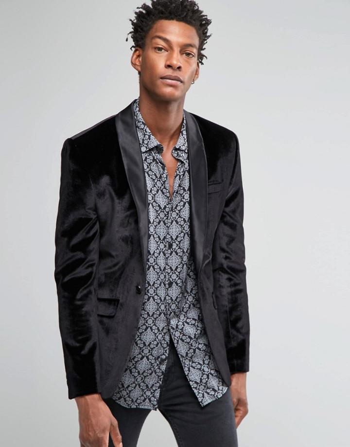 Asos Skinny Velvet Blazer In Black - Black