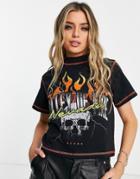 Asos Design Boxy T-shirt With Rock Flame Print With Seam Detail In Black