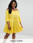Asos Curve Lace Insert Tiered Cold Shoulder Sun Dress - Yellow