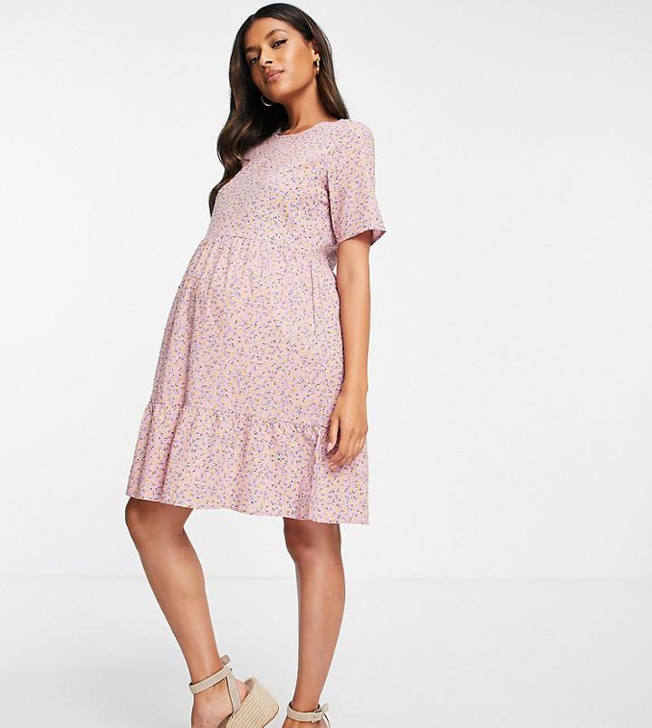 Pieces Maternity Mini Smock Dress In Pink Ditsy Floral-multi
