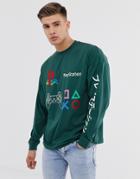 Asos Design Playstation Oversized Long Sleeve T-shirt With Chest And Sleeve Placement Print - Green