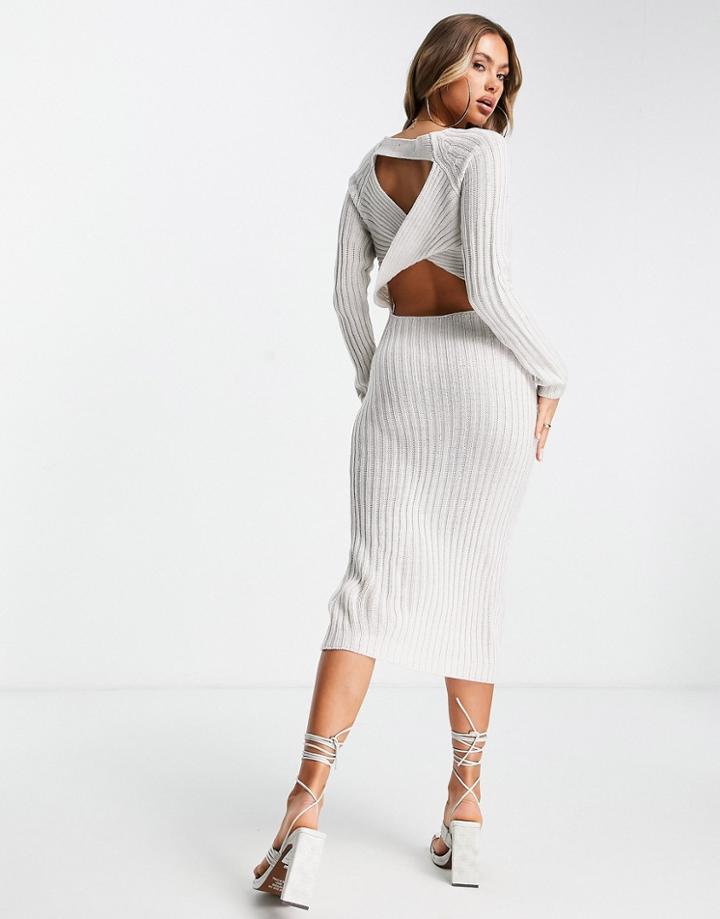 Rebellious Fashion Open Twist Back Maxi Body-conscious Sweater Dress In Beige-neutral