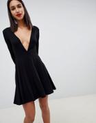 Asos Design Long Sleeve Deep Plunge Mini Skater Dress - Black