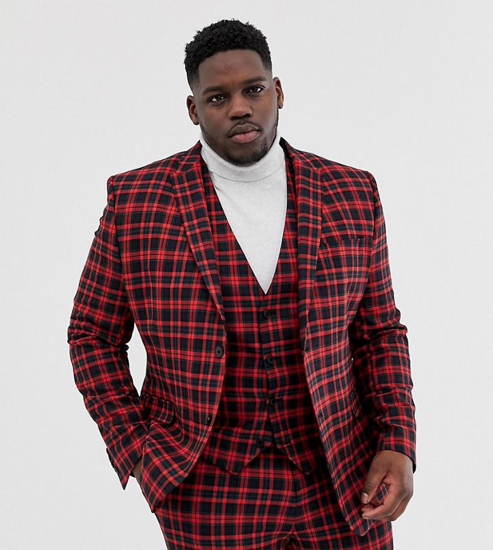 Asos Design Plus Super Skinny Suit Jacket In Red Plaid Check - Red