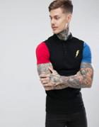 Asos Design Muscle Polo With Contrast Sleeves And Lightning Embroidery - Black