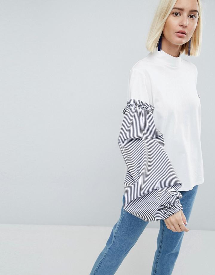 Asos White Jersey Top With Stripe Sleeves - White