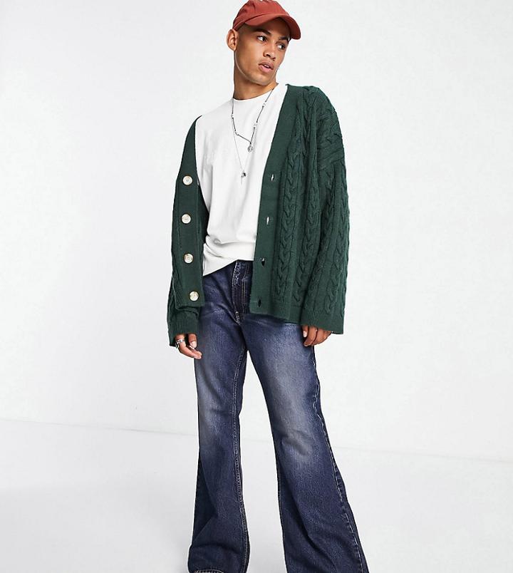 Reclaimed Vintage Inspired Cable Cardigan In Dark Green