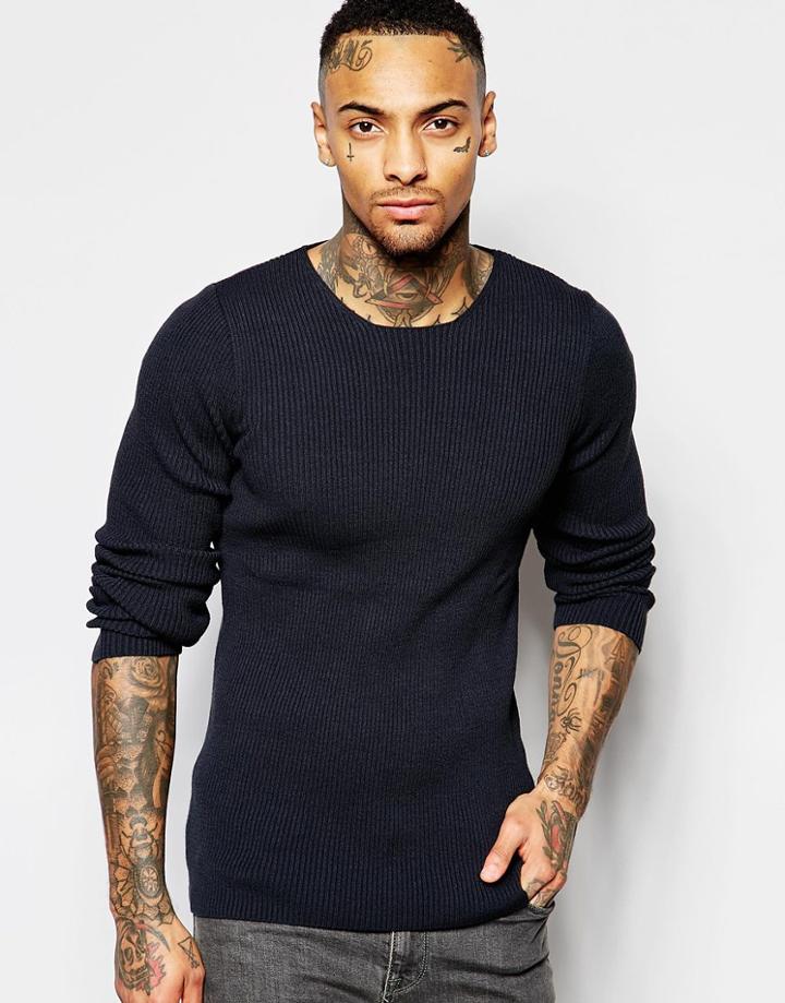 Asos Fitted Fit Ribbed Sweater - Navy