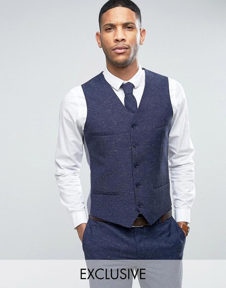 Noak Skinny Suit Vest In Linen Nepp - Navy