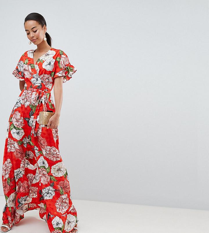 Asos Design Tall Ruffle Wrap Maxi Dress In Floral Jacquard - Multi