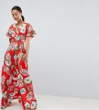 Asos Design Tall Ruffle Wrap Maxi Dress In Floral Jacquard - Multi
